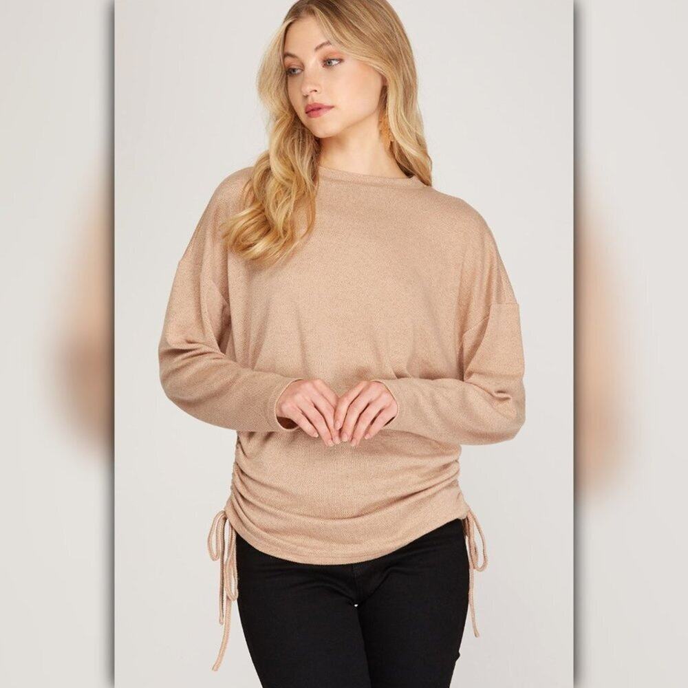 * A111 • Ruched Side Tie Textured Knit Long Sleeve Top